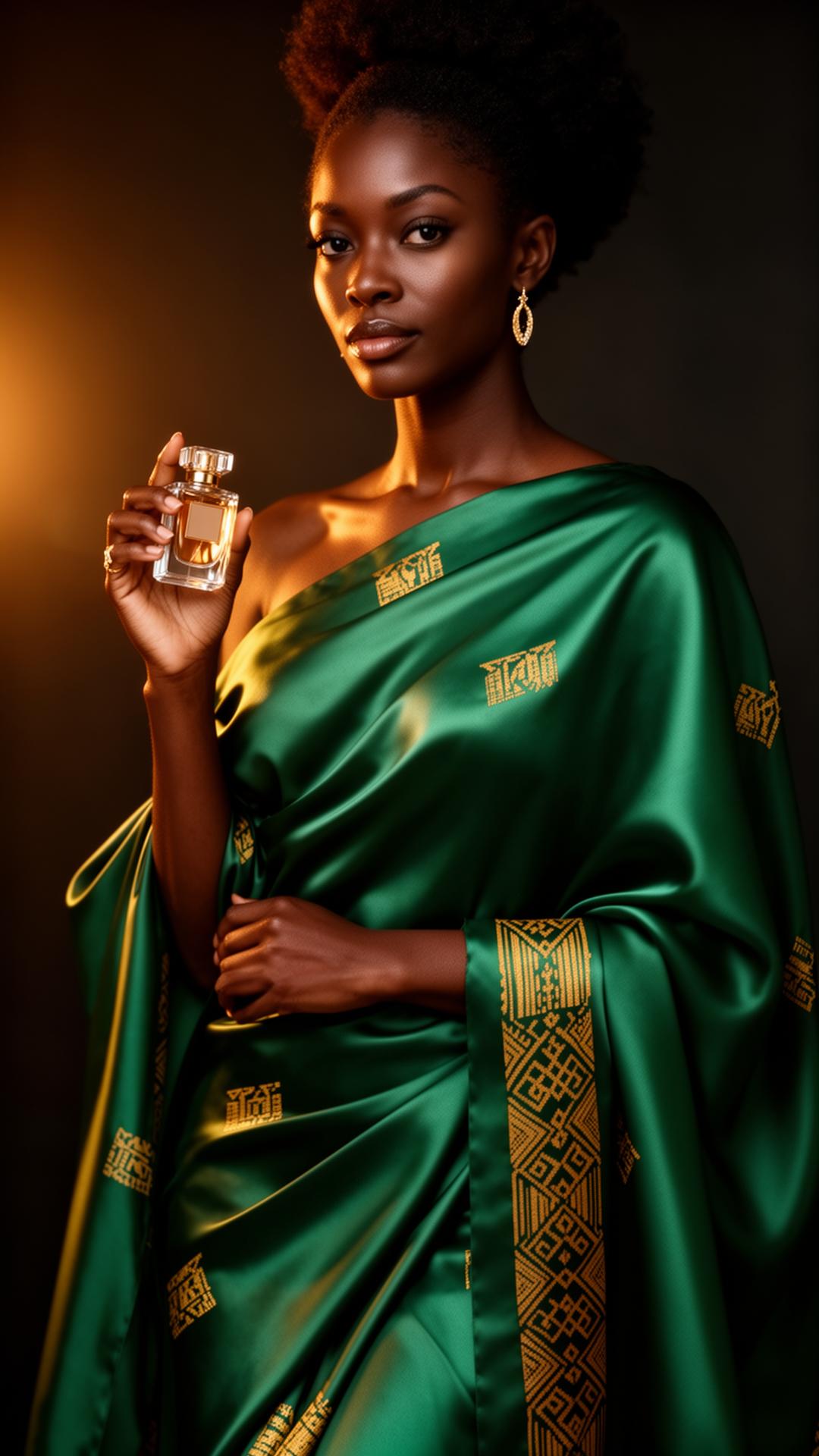 Lins Heaveen muse draped in emerald silk holding a signature fragrance